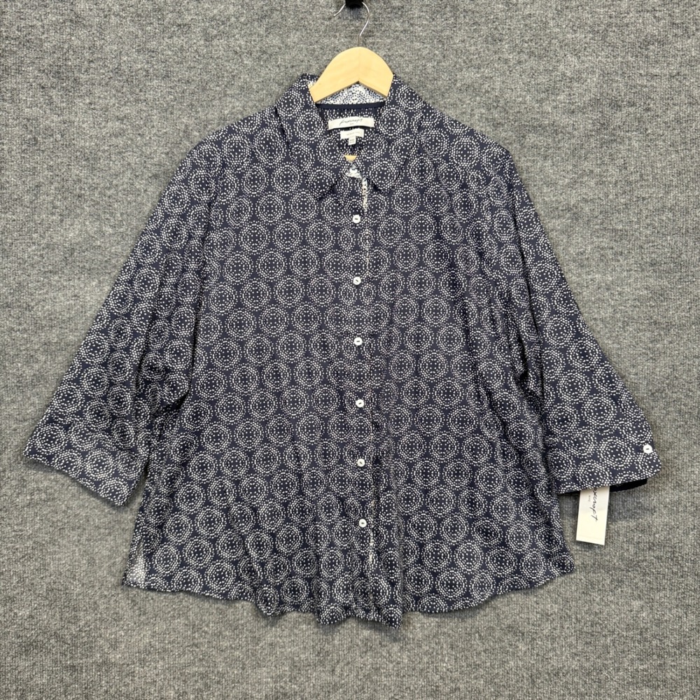 Foxcroft Plus 18W Tunic Shirt Navy Cotton Geo Print Shaped Button Up 3/4 Sleeves
